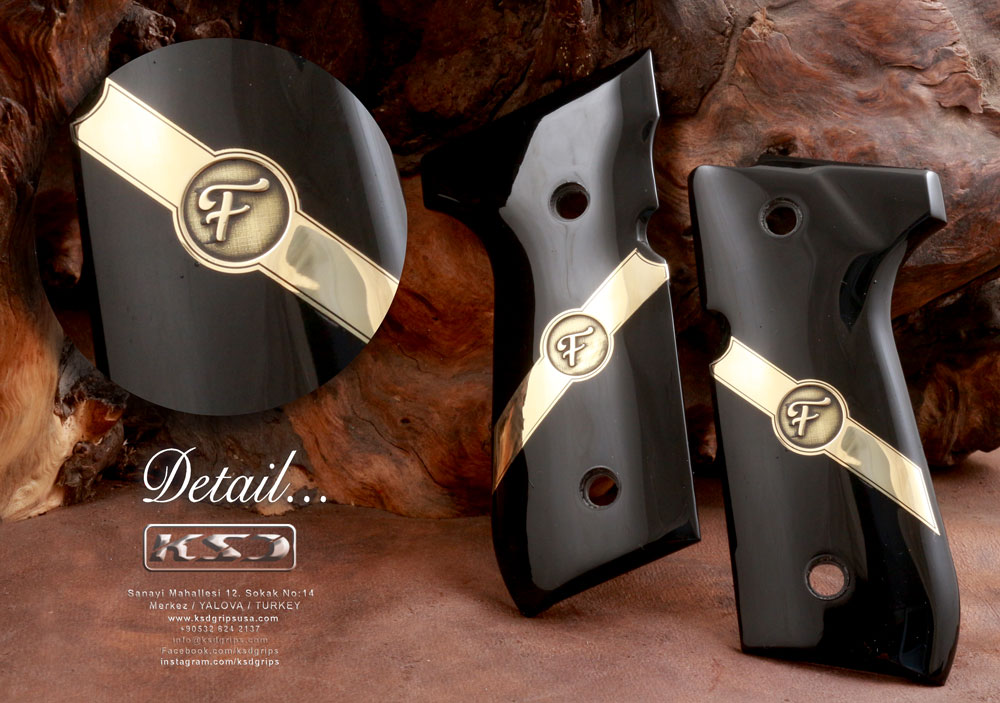 Beretta 92FS, 92, 92F, 92A1, 92FS INOX, 92G, 92D, 96, 96D, 96A1, M9, M9A1 Siyah Akrilik Pirinç Logo (Büyük) 