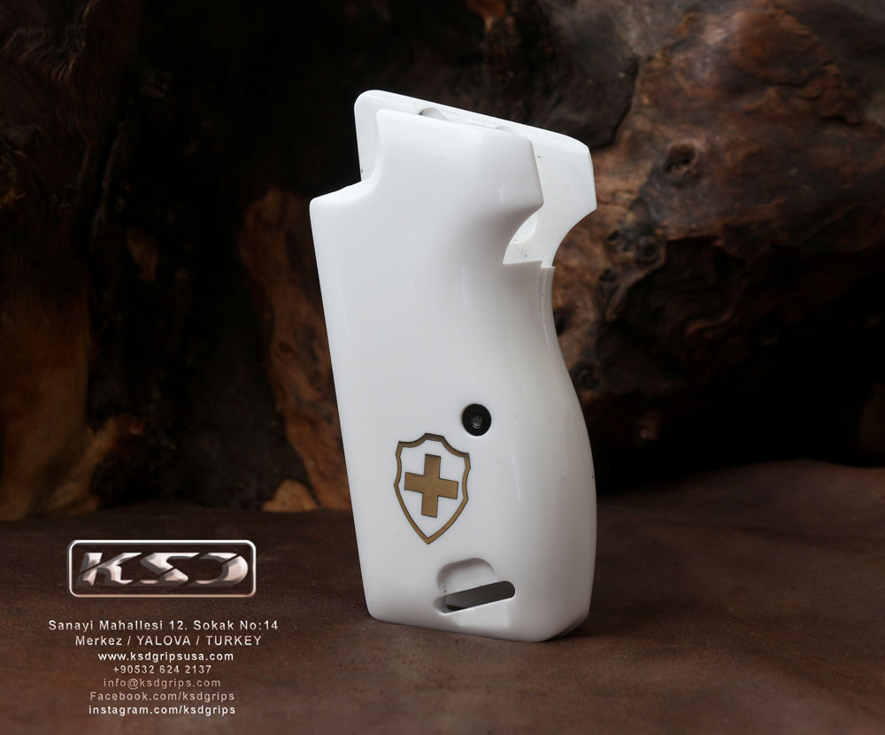 Sig P210-1 / P210-4 / P210-5 / P210-6 / DK M49 - With Lanyard Ring (Kordon Halkalı) Beyaz Akrilik Pirinç Logo 