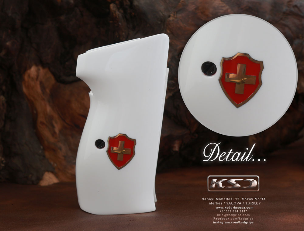 Sig P210-1 / P210-4 / P210-5 / P210-6 / DK M49 - With Lanyard Ring (Kordon Halkalı) Beyaz Akrilik Pirinç + Mine Logo 